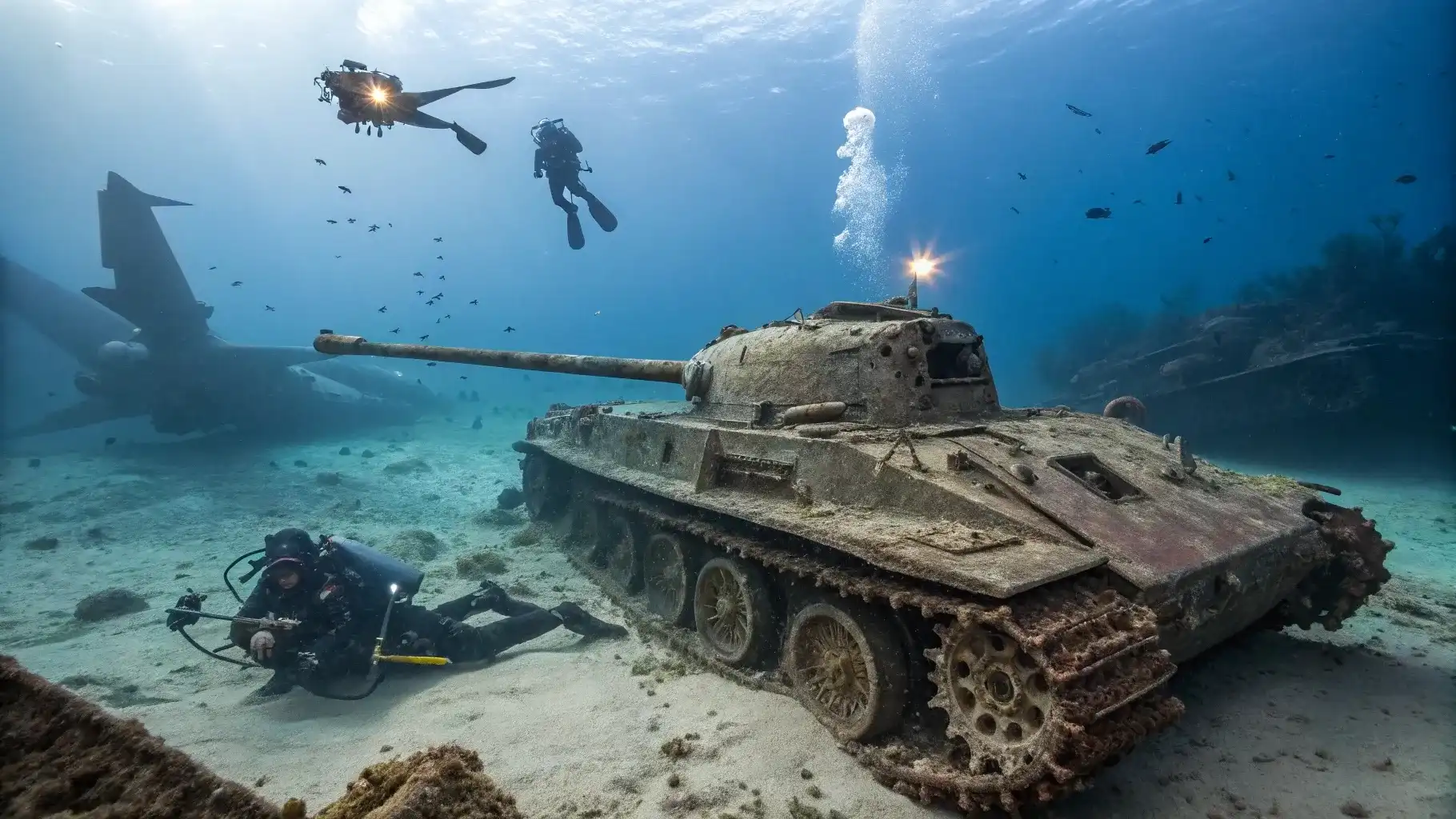 Historical WWII wreck diving including aircraft and tanks in Morotai island